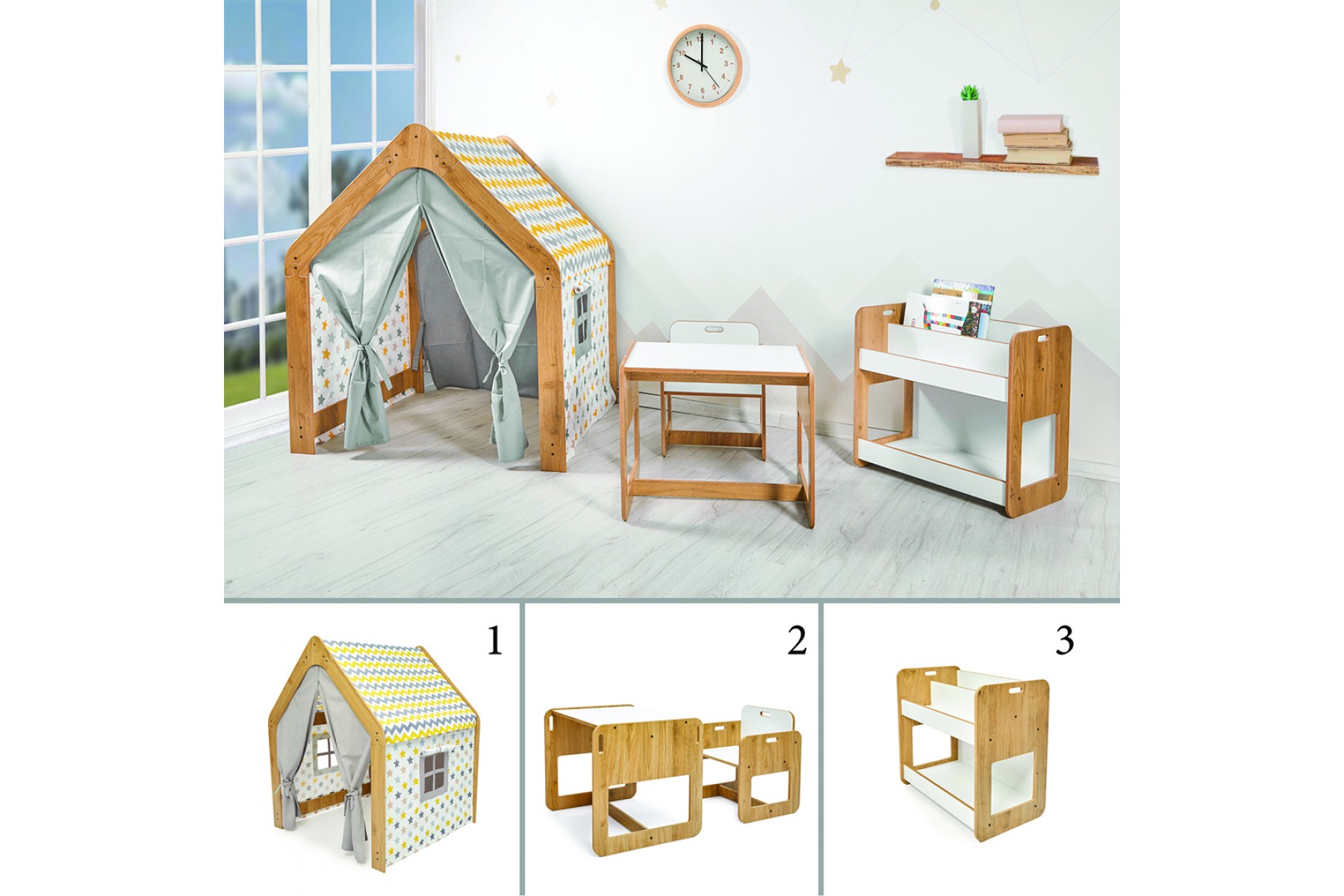 Kids Play House, Table & Chair and Bookcase Set